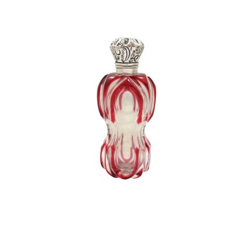 Antique Silver & Red Overlay Cut Glass Scent / Perfume Bottle C1890