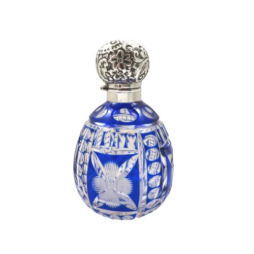 Antique Victorian Sterling Silver & Blue Overlay Glass Scent / Perfume Bottle 1900