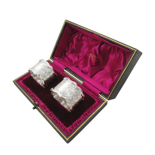 Pair of Antique Edwardian Sterling Silver Napkin Rings in Case 1909
