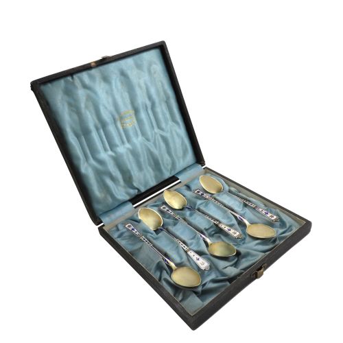 Set of 6 Antique Danish Silver & Enamel Teaspoons C1880 - Simon Groth