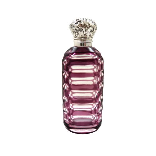 Antique Victorian Silver & Purple Overlay Cut Glass Scent / Perfume Bottle C1890