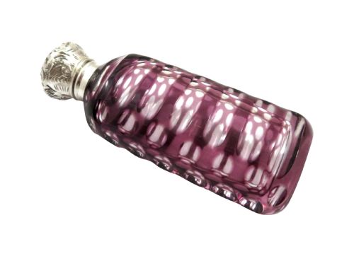 fig 1. Antique Victorian Silver & Purple Overlay Cut Glass Scent / Perfume Bottle c1890