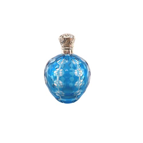 Antique Victorian Silver & Blue Overlay Cut Glass Scent / Perfume Bottle C1890