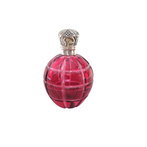 Antique Victorian Silver & Cranberry Cut Glass Scent / Perfume Bottle C1890