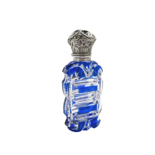 Antique Victorian Silver & Blue Overlay Cut Glass Scent / Perfume Bottle C1890