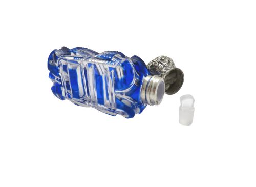 fig 1. Antique Victorian Silver & Blue Overlay Cut Glass Scent / Perfume Bottle c1890