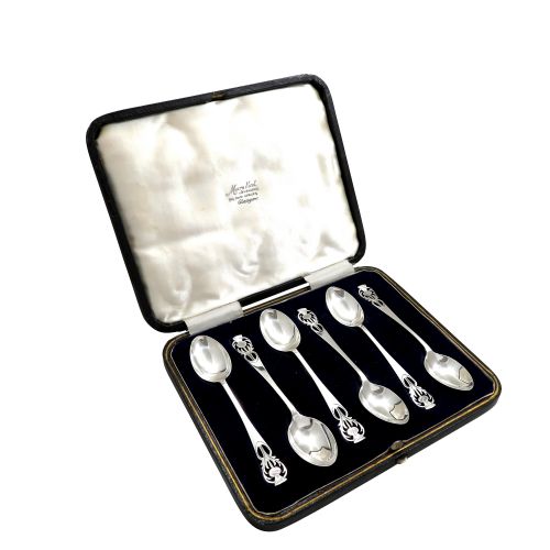 Set of 6 Antique Scottish Sterling Silver Teaspoons - Glasgow 1937