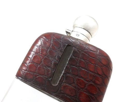 fig 1. Antique Victorian Silver Plated & Crocodile Leather Hip Flask c1890