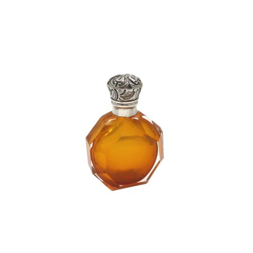 Antique Victorian Silver &  Amber Cut Glass Scent/perfume Bottle C1890