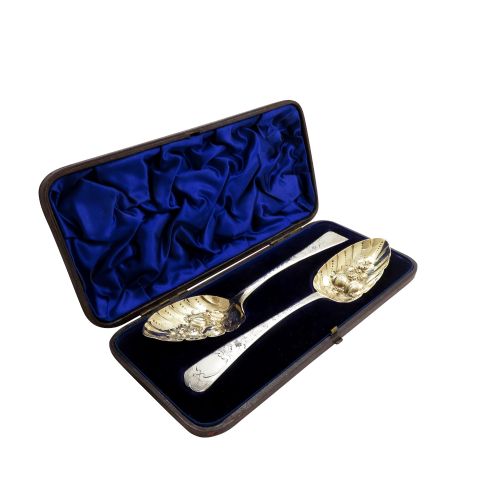 Pair of Antique Georgian Sterling Silver Berry Spoons in Case 1811