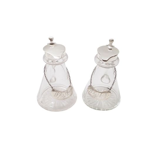 Pair of Antique Sterling Silver & Glass Whisky Noggins / Jugs 1922