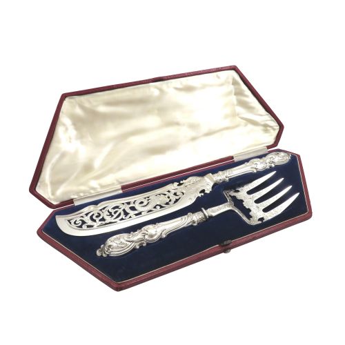 Antique Victorian Sterling Silver Fish Servers in Case 1847