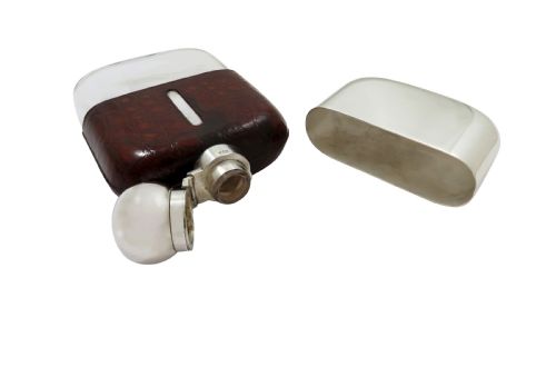fig 1. Antique Victorian Silver Plated & Crocodile Leather Hip Flask c1890