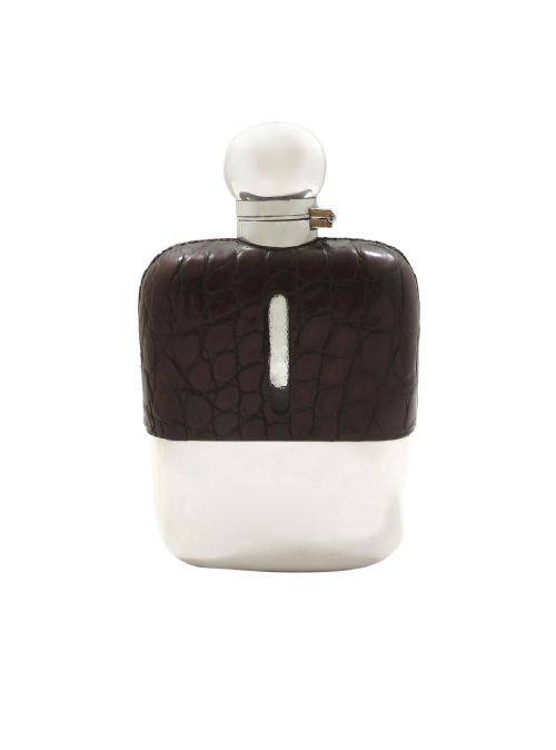 fig 1. Antique Victorian Sterling Silver & Crocodile Leather Hip Flask 1899