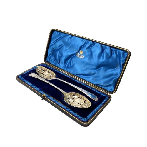 Pair of Antique Georgian Sterling Silver Pierced Berry Spoons in Case 1790/91