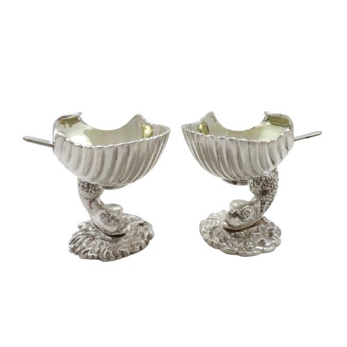 Pair of Antique Silver Plated Dolphin & Shell Salts C1880