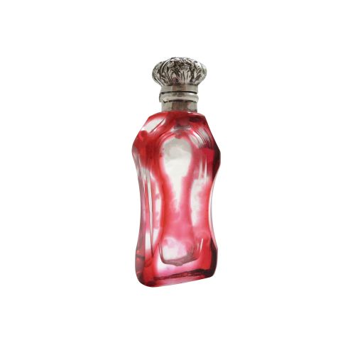 Antique Silver & Red Overlay Glass 2" Scent / Perfume Bottle C1890