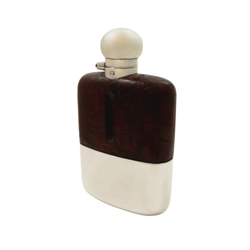 Antique Victorian Silver Plated & Crocodile Leather Hip Flask C1890