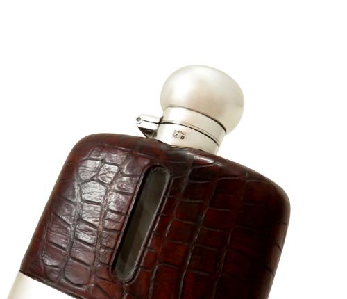 fig 1. Antique Victorian Silver Plated & Crocodile Leather Hip Flask c1890