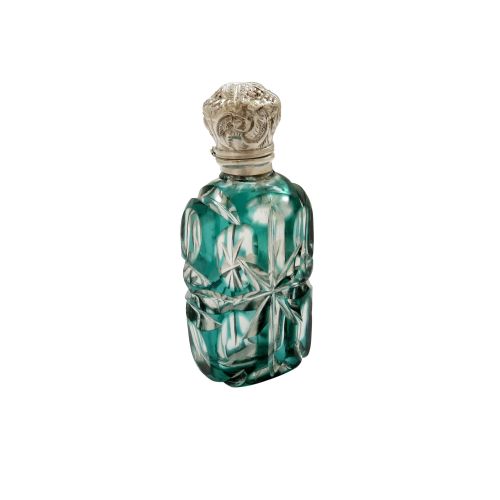 Antique Victorian Silver & Green Overlay Cut Glass Scent / Perfume Bottle C1890