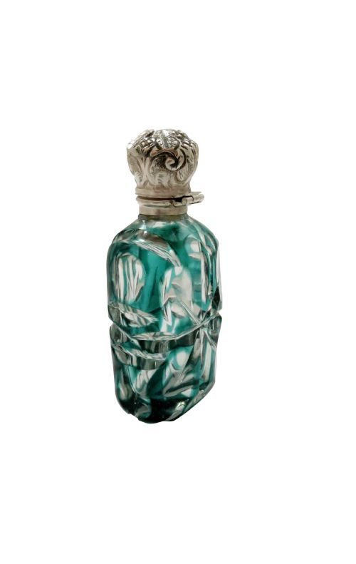 fig 1. Antique Victorian Silver & Green Overlay Cut Glass Scent / Perfume Bottle c1890