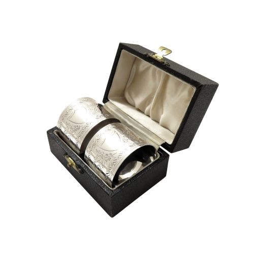Pair of Antique Victorian Sterling Silver Napkin Rings in Case 1890