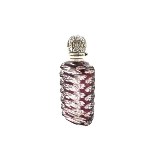 Antique Victorian Silver & Purple Overlay Cut Glass Scent / Perfume Bottle 1893