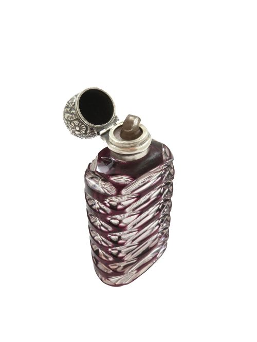fig 1. Antique Victorian Silver & Purple Overlay Cut Glass Scent / Perfume Bottle 1893