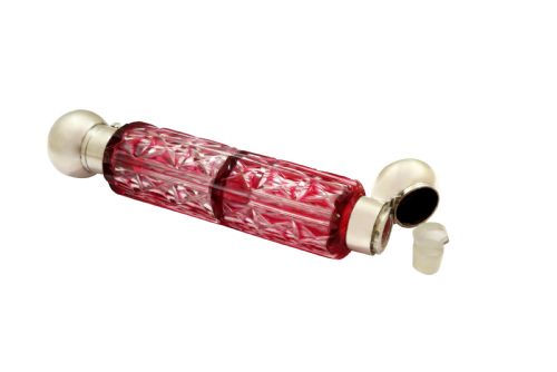 fig 1. Antique Victorian Silver & Cranberry Double End Scent / Perfume Bottle 1890