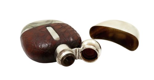 fig 1. Antique Silver Plated & Crocodile Leather Hip Flask c1890