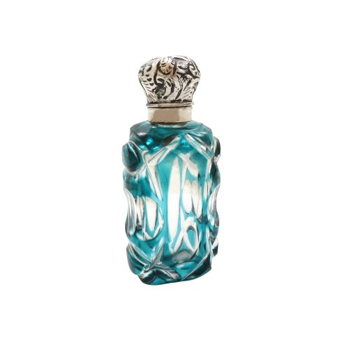Antique Victorian Silver & Blue Overlay Cut Glass Scent / Perfume Bottle C1890