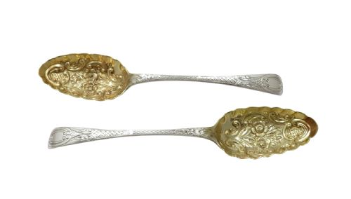 fig 1. Pair of Antique William IV Sterling Silver Berry Spoons in Case 1838