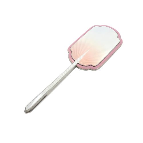 Antique Art Deco Sterling Silver & Pink Enamel Hand Mirror 1939