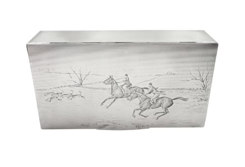 fig 1. Antique Sterling Silver Cigarette / Table Box with Hunting Scene 1939