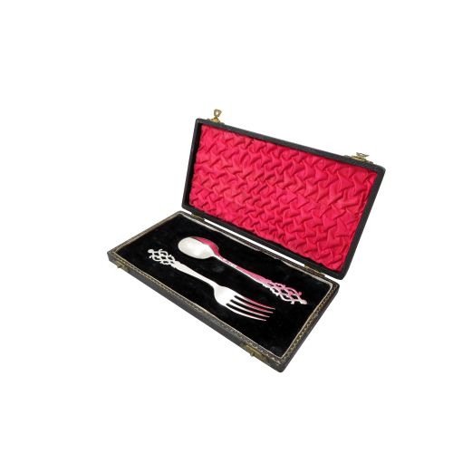 Antique Victorian Sterling Silver Spoon & Fork Christening Set in Case 1896/97