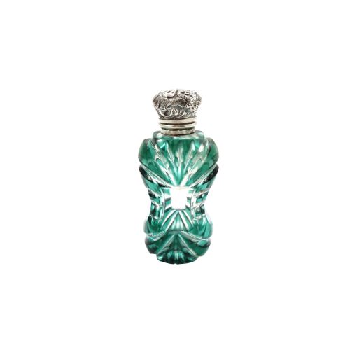 antique victorian silver green overlay cut glass scent perfume bottle c1890 - CATEGORY: ANTIQUE SILVER - DATED VICTORIAN