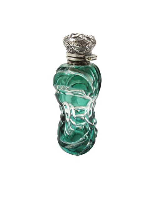 ANTIQUE VICTORIAN SILVER GREEN OVERLAY CUT GLASS SCENT PERFUME BOTTLE C1890 - ADDITIONAL PHOTO 2