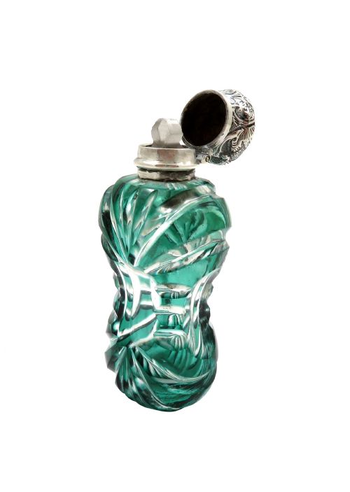 ANTIQUE VICTORIAN SILVER GREEN OVERLAY CUT GLASS SCENT PERFUME BOTTLE C1890 - ADDITIONAL PHOTO 3