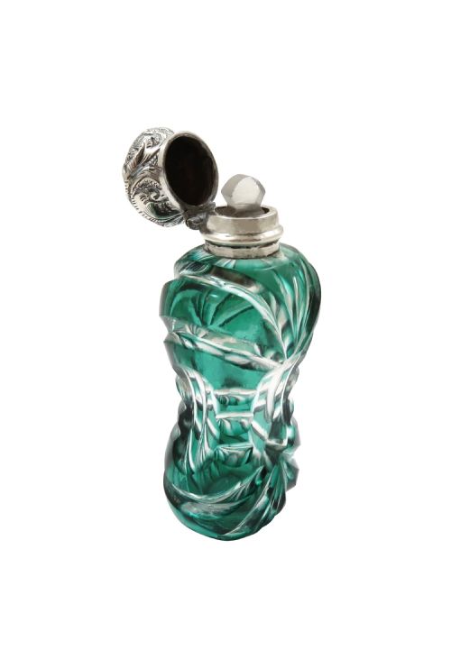 ANTIQUE VICTORIAN SILVER GREEN OVERLAY CUT GLASS SCENT PERFUME BOTTLE C1890 - ADDITIONAL PHOTO 5