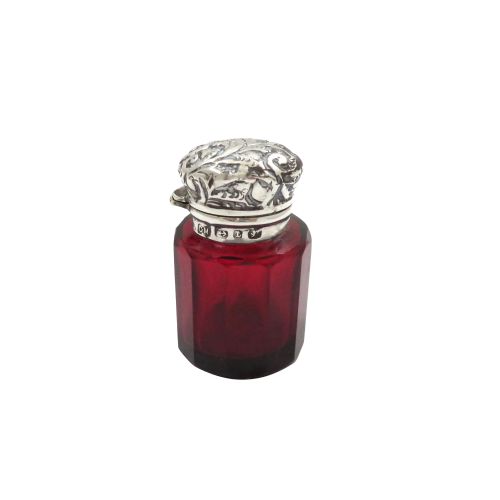 Antique Victorian Sterling Silver & Cranberry Glass Scent / Perfume Bottle 1893