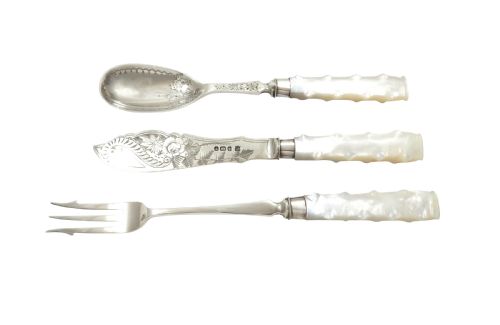 fig 1. Antique Victorian Sterling Silver Pickle Fork, Jam Spoon, Butter Knife Set in Case 1891/92