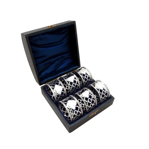 Set of 6 Antique Edwardian Sterling Silver Napkin Rings in Case 1909