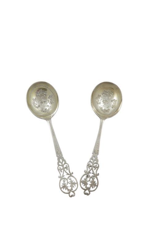 fig 1. Pair of Antique Edwardian Sterling Silver Jam / Preserve Spoons in Case 1900/04