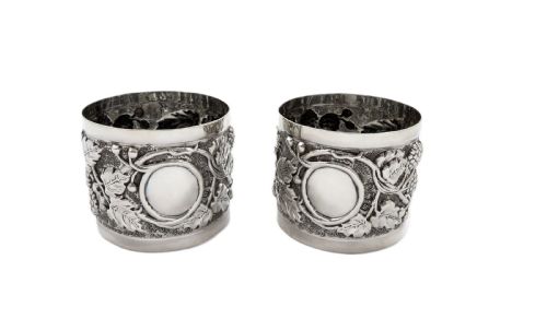 fig 1. Pair of Antique George V Sterling Silver 'Grape & Vine' Napkin Rings in Case 1911