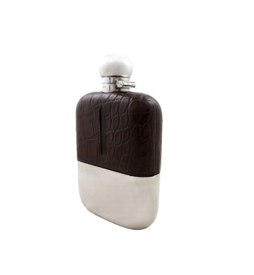 fig 1. Antique Victorian Silver Plated & Crocodile Leather Hip Flask c1890