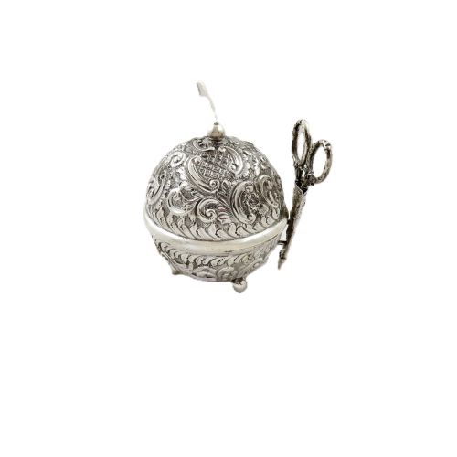 Antique Victorian Sterling Silver String Box with Scissors 1898