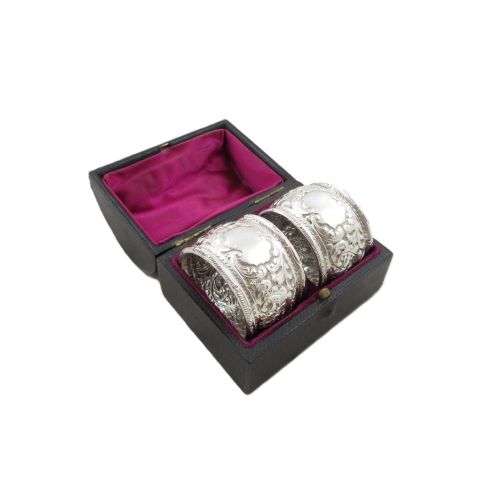 Pair of Antique Victorian Sterling Silver Napkin Rings in Case 1892/93