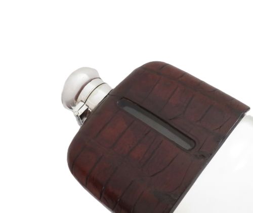 ANTIQUE SILVER PLATED CROCODILE LEATHER 6 HIP FLASK C1900 - ADDITIONAL PHOTO 1