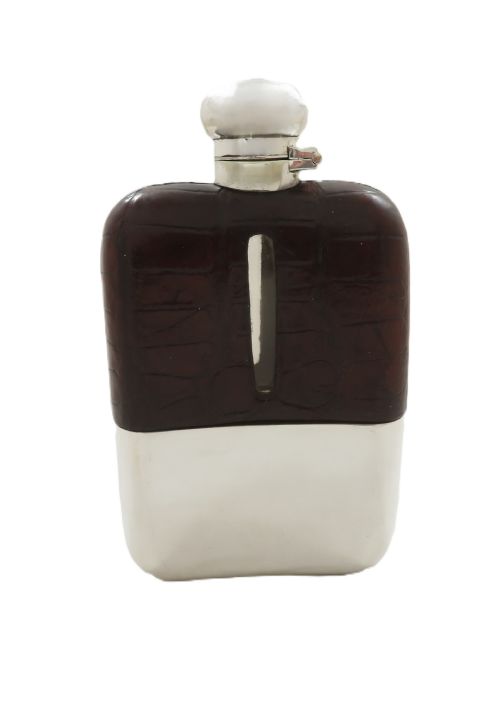 ANTIQUE SILVER PLATED CROCODILE LEATHER 6 HIP FLASK C1900 - ADDITIONAL PHOTO 8