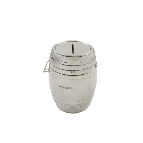 ANTIQUE GEORGE V STERLING SILVER 'BARREL' MONEY BOX 1920
